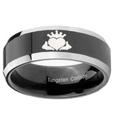 10mm Claddagh Design Beveled Edges Glossy Black 2 Tone Tungsten Mens Ring