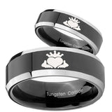 His Hers Claddagh Design Beveled Glossy Black 2 Tone Tungsten Engraving Ring Set