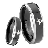 8mm Kanji Peace Beveled Edges Glossy Black 2 Tone Tungsten Anniversary Ring