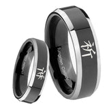 8mm Kanji Prayer Beveled Edges Glossy Black 2 Tone Tungsten Carbide Bands Ring