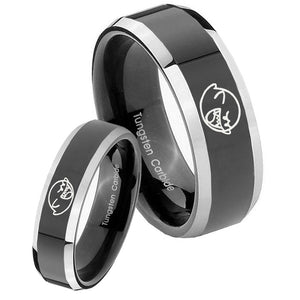 His Hers Mario Boo Ghost Beveled Glossy Black 2 Tone Tungsten Mens Ring Set