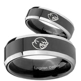 His Hers Mario Boo Ghost Beveled Glossy Black 2 Tone Tungsten Mens Ring Set