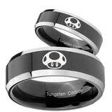 His Hers Mario Mushroom Beveled Glossy Black 2 Tone Tungsten Mens Bands Ring Set