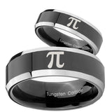 His Hers Math Pi Beveled Glossy Black 2 Tone Tungsten Mens Engagement Band Set