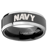 10mm Navy Beveled Edges Glossy Black 2 Tone Tungsten Carbide Anniversary Ring