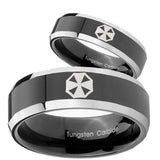 His Hers Resident Evil Beveled Glossy Black 2 Tone Tungsten Mens Ring Set