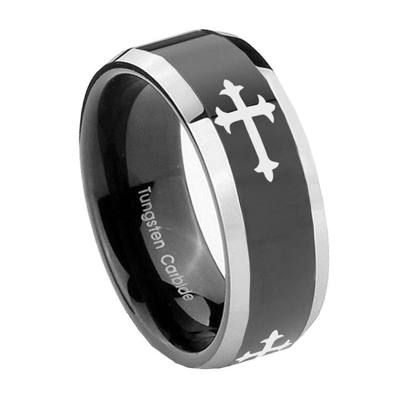 8mm Christian Cross Religious Beveled Edges Glossy Black 2 Tone Tungsten Men's Ring