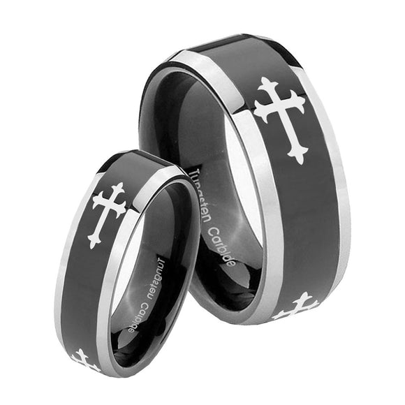 His Hers Christian Cross Religious Beveled Glossy Black 2 Tone Tungsten Engraving Ring Set