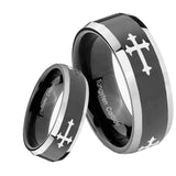 8mm Christian Cross Religious Beveled Edges Glossy Black 2 Tone Tungsten Men's Ring