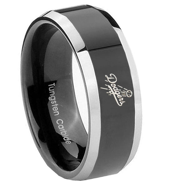 10mm LA Dogers MLB Baseball Beveled Glossy Black 2 Tone Tungsten Engraved Ring