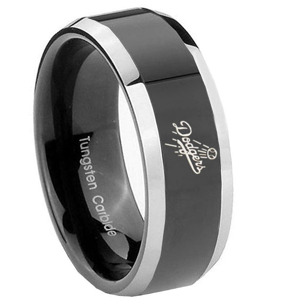 8mm LA Dogers MLB Baseball Beveled Glossy Black 2 Tone Tungsten Promise Ring