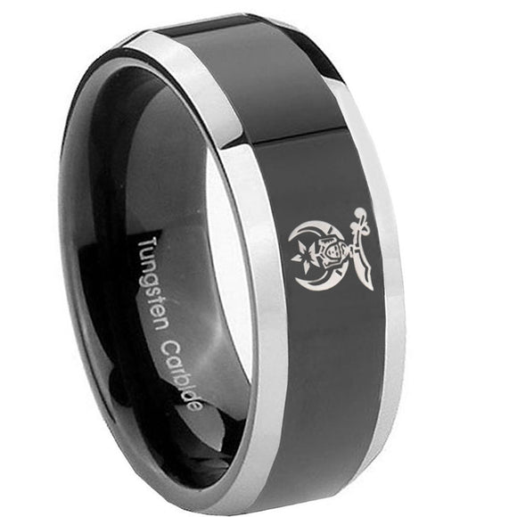 10mm Masonic Shriners Beveled Glossy Black 2 Tone Tungsten Mens Promise Ring