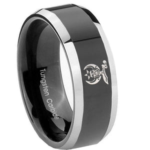 8mm Masonic Shriners Beveled Glossy Black 2 Tone Tungsten Wedding Band Mens