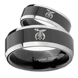 His Hers Masonic Shriners Beveled Glossy Black 2 Tone Tungsten Mens Band Set