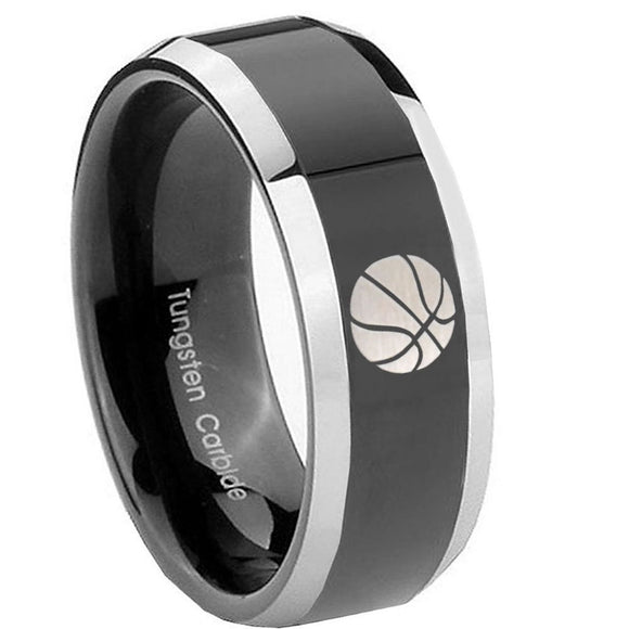 8mm Basketball Beveled Edges Glossy Black 2 Tone Tungsten Carbide Promise Ring