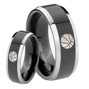 His Hers Basketball Beveled Edges Glossy Black 2 Tone Tungsten Mens Ring Set