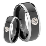 His Hers Basketball Beveled Edges Glossy Black 2 Tone Tungsten Mens Ring Set