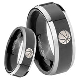 8mm Basketball Beveled Edges Glossy Black 2 Tone Tungsten Carbide Promise Ring