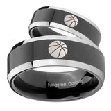 His Hers Basketball Beveled Edges Glossy Black 2 Tone Tungsten Mens Ring Set