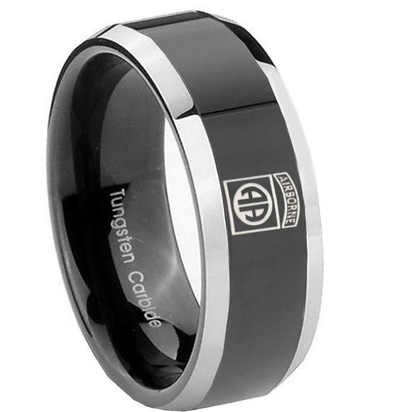 8mm Army Airborn Beveled Edges Glossy Black 2 Tone Tungsten Rings for Men