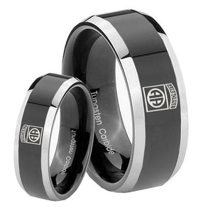 His Hers Army Airborn Beveled Glossy Black 2 Tone Tungsten Mens Bands Ring Set