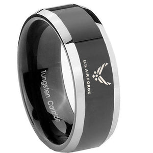8MM Glossy Black US Air Force Bevel Edges 2 Tone Tungsten Laser Engraved Ring