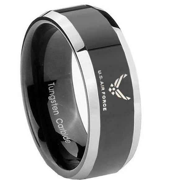 8MM Glossy Black US Air Force Bevel Edges 2 Tone Tungsten Laser Engraved Ring