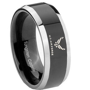 10MM Beveled Two Tone US Air Force Shiny Black Middle Tungsten Men's Ring