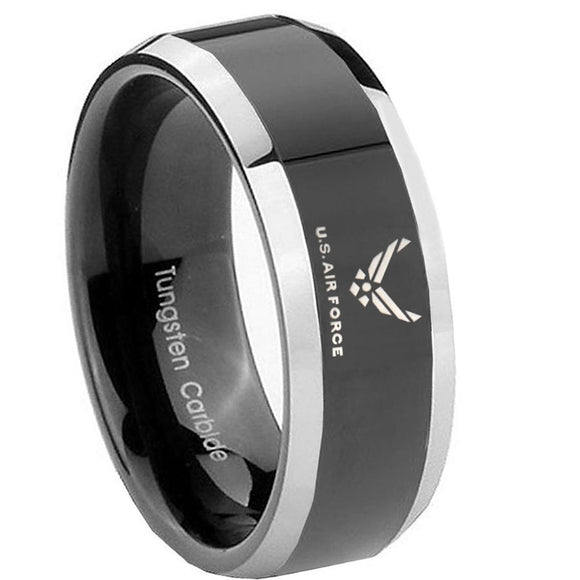 10MM Beveled Two Tone US Air Force Shiny Black Middle Tungsten Men's Ring