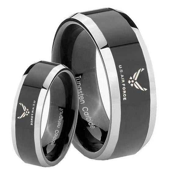 His Hers Shiny Black Bevel US Air Force 2 Tone Tungsten Wedding Rings Set