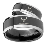 His Hers Shiny Black Bevel US Air Force 2 Tone Tungsten Wedding Rings Set