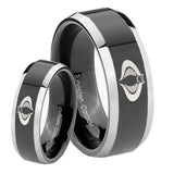 His Hers Cobra Beveled Edges Glossy Black 2 Tone Tungsten Mens Promise Ring Set