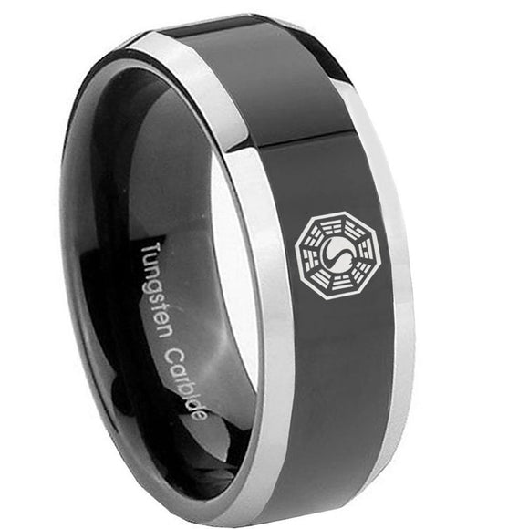 8mm Lost Dharma Beveled Edges Glossy Black 2 Tone Tungsten Custom Mens Ring