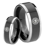 His Hers Lost Dharma Beveled Edges Glossy Black 2 Tone Tungsten Men's Ring Set