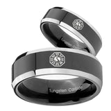 His Hers Lost Dharma Beveled Edges Glossy Black 2 Tone Tungsten Men's Ring Set