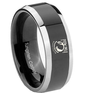 8mm Military Pow Beveled Edges Glossy Black 2 Tone Tungsten Custom Ring for Men