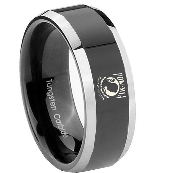 10mm Military Pow Beveled Edges Glossy Black 2 Tone Tungsten Mens Wedding Ring