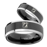 His Hers Military Pow Beveled Glossy Black 2 Tone Tungsten Ring Set