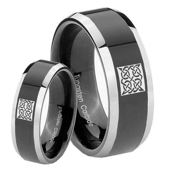 His Hers Celtic Design Beveled Glossy Black 2 Tone Tungsten Mens Band Set