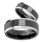 His Hers Celtic Design Beveled Glossy Black 2 Tone Tungsten Mens Band Set