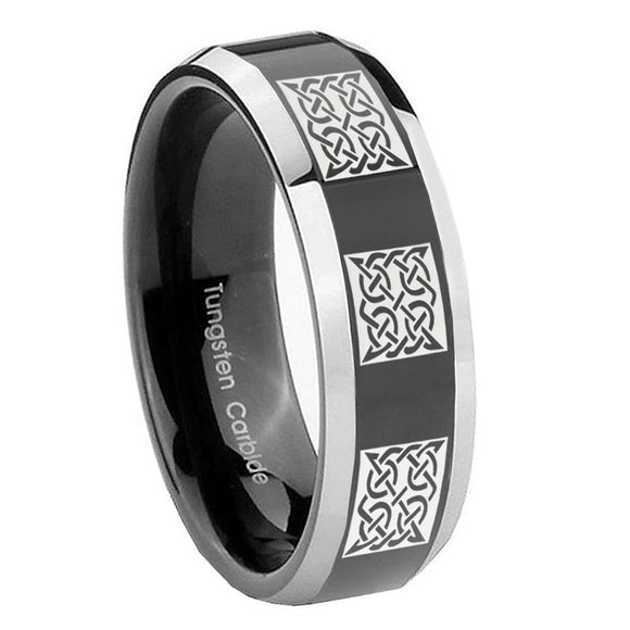8mm Multiple Celtic Beveled Glossy Black 2 Tone Tungsten Wedding Bands Ring