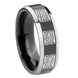 10mm Multiple Celtic Beveled Edges Glossy Black 2 Tone Tungsten Mens Ring