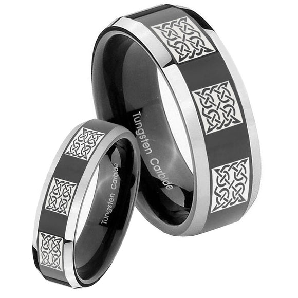His Hers Multiple Celtic Beveled Glossy Black 2 Tone Tungsten Men's Band Set