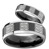 His Hers Multiple Celtic Beveled Glossy Black 2 Tone Tungsten Men's Band Set