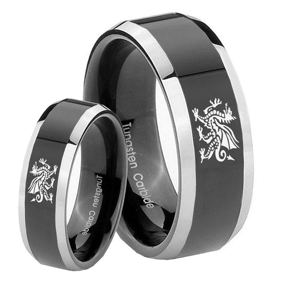 His Hers Dragon Beveled Glossy Black 2 Tone Tungsten Mens Ring Personalized Set