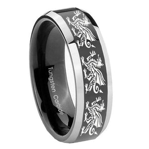 8mm Multiple Dragon Beveled Glossy Black 2 Tone Tungsten Mens Wedding Band