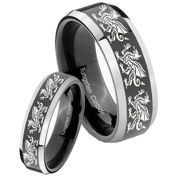 His Hers Multiple Dragon Beveled Glossy Black 2 Tone Tungsten Mens Ring Set
