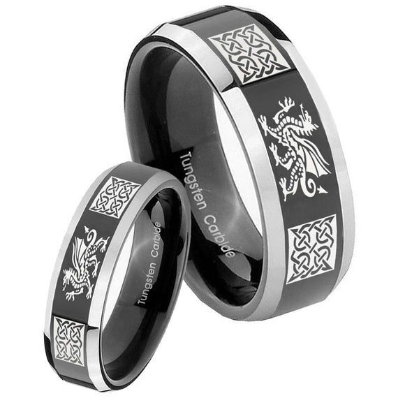 His Hers Multiple Dragon Celtic Beveled Glossy Black 2 Tone Tungsten Men Ring Set