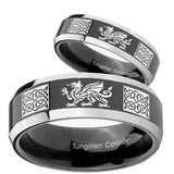 His Hers Multiple Dragon Celtic Beveled Glossy Black 2 Tone Tungsten Men Ring Set