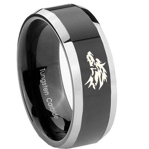 10mm Wolf Beveled Edges Glossy Black 2 Tone Tungsten Carbide Promise Ring